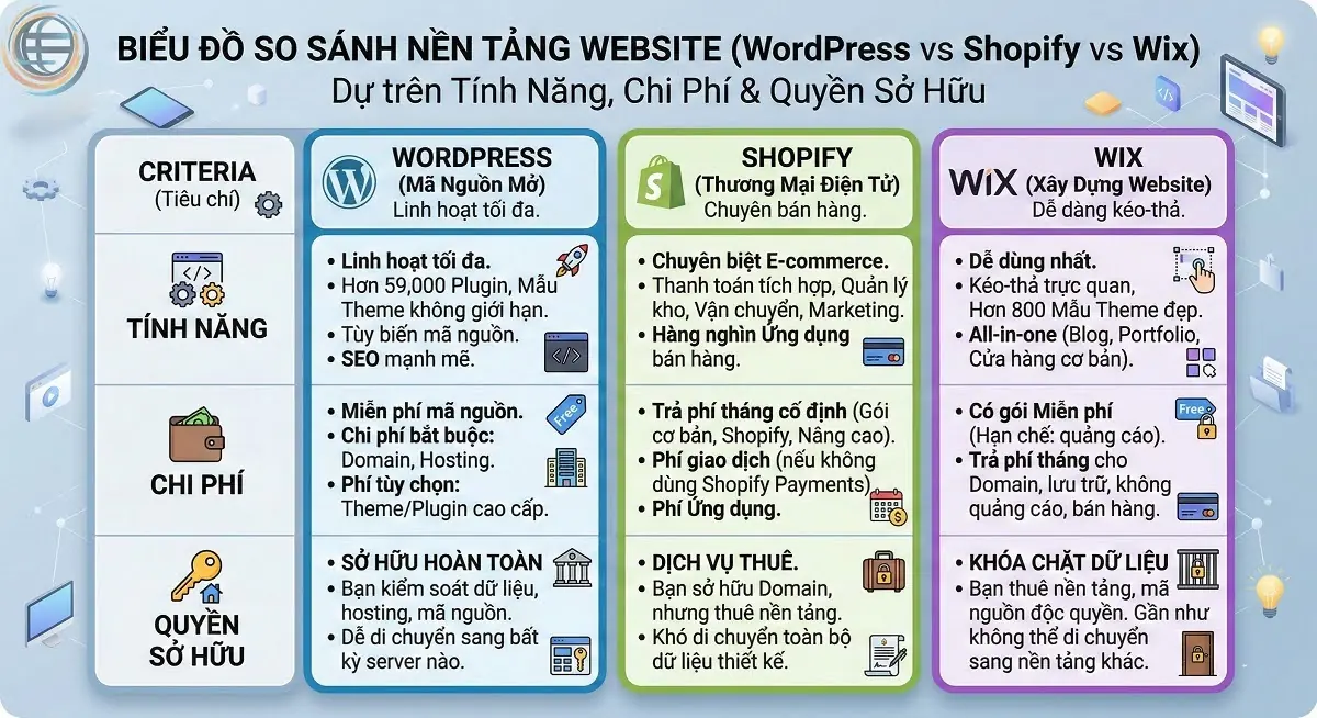 So s&aacute;nh WordPress v&agrave; Wix/Shopify