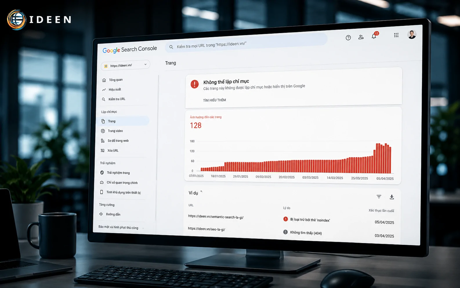 Bảng cảnh b&aacute;o lỗi chưa lập chỉ mục đo lường tr&ecirc;n Google Search Console